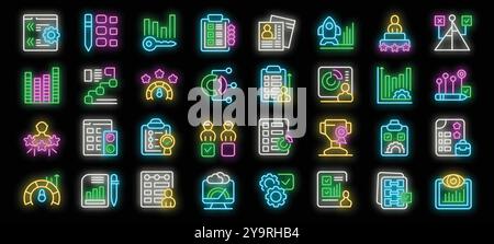 Sammlung von leuchtenden Neonsymbolen, die verschiedene Aspekte der Bewertung der Unternehmensleistung, der Fortschrittsverfolgung und der Anerkennung von Leistungen veranschaulichen Stock Vektor