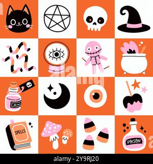 Trendiges geometrisches Halloween-Muster. Hexenhandwerk, Katze, Rabe, Hexenhut, Trank und Kessel. Für Karte, Aufkleber, Poster Stock Vektor