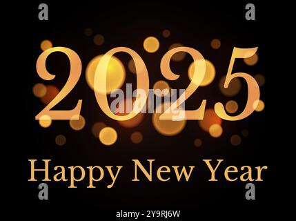 Neujahrs-Postkarte 2025 mit boke-Lichteffekten. Zifferndesign. Design-Vorlage für das neue Jahr in Goldfarbe. Vektor Stock Vektor