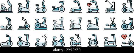 Schulungstrainings auf Fahrradfahrrädern. Umrisssatz von Personen, die auf stationären Fahrradvektorsymbolen für Webdesign auf weißem Hintergrund trainiert werden Stock Vektor