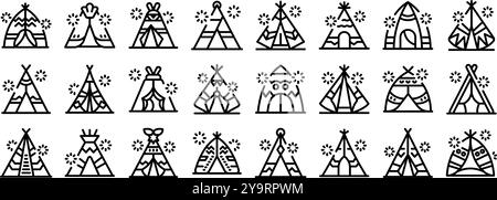 Tipi-Zelt-Symbole gesetzt. Set aus verschiedenen Tipi-Ikonen, die verschiedene Stile traditioneller indianischer Zelte darstellen Stock Vektor