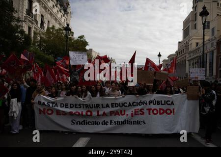 Madrid, Spanien. Oktober 2024. Die Studentenschaft hat am Freitag an rund 50 Standorten in Spanien Mobilisierungen einberufen, als Teil des Studentenstreiks, um auf die "Unsicherheit" über das Format des neuen Zugangs zur Universität (PAU) zu reagieren. Die Studenten verurteilen den Mangel an Informationen über Prüfungen, die im Juni durchgeführt werden, deren Modell jedoch vom Bildungsministerium oder den Regionalräten noch nicht mitgeteilt wurde. Quelle: D. Canales Carvajal/Alamy Live News Stockfoto