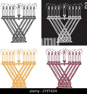 Traditionelles Hanukkiah mit brennenden Kerzen, einfache Silhouette-Ikone Stock Vektor