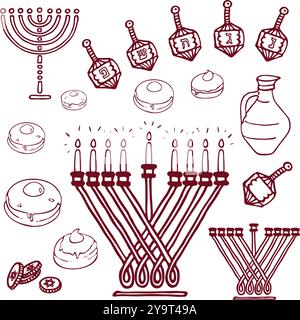 Traditionelle Hanukkah-Symbole-Sammlung. Vektor Clipart Doodle Art Stock Vektor