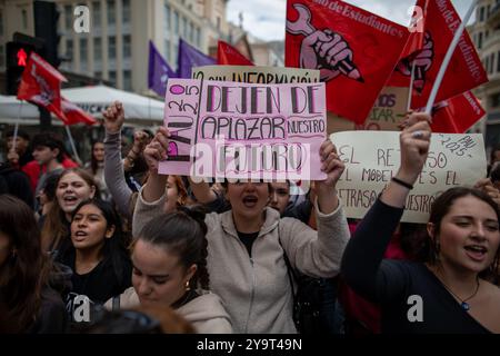 Madrid, Spanien. Oktober 2024. Die Studentenschaft hat am Freitag an rund 50 Standorten in Spanien Mobilisierungen einberufen, als Teil des Studentenstreiks, um auf die "Unsicherheit" über das Format des neuen Zugangs zur Universität (PAU) zu reagieren. Die Studenten verurteilen den Mangel an Informationen über Prüfungen, die im Juni durchgeführt werden, deren Modell jedoch vom Bildungsministerium oder den Regionalräten noch nicht mitgeteilt wurde. Quelle: D. Canales Carvajal/Alamy Live News Stockfoto