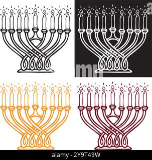 Traditionelles Hanukkiah mit brennenden Kerzen, schlichter Silhouette Stock Vektor