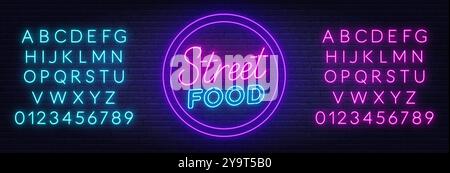 Street Food Neon Schild auf Backsteinwand Hintergrund. Stock Vektor