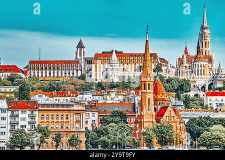 Kirche St. Matthias, Fischerbastei, reformierte Kirche Ufer Ansicht der Donau. Budapest.Hungary Stockfoto