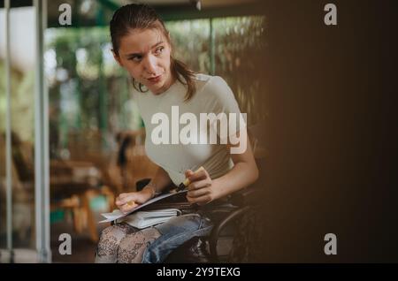 Junge Frau im Rollstuhl mit Notebook in gemütlicher Outdoor-Umgebung Stockfoto