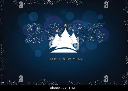 Happy New Year 2025 schönes Zahlendesign auf dunkelblauem Hintergrund mit Weihnachtsstern, Schnee und weihnachtsbäumen. Trendiger, moderner Wintergrüß Stock Vektor