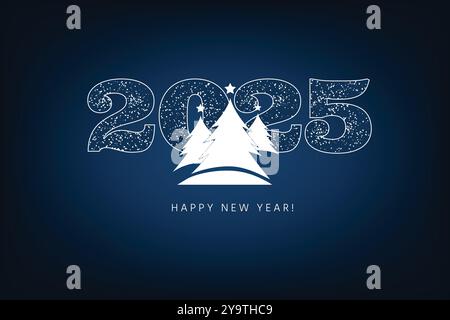 Happy New Year 2025 schönes Zahlendesign auf dunkelblauem Hintergrund mit Schnee und weihnachtsbäumen, Weihnachtsstern. Trendiger, moderner Wintergrüß Stock Vektor