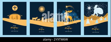 Set mit Grußkarten oder Bannern Frohe Weihnachten und Happy New Year. Minimalistischer Stil. Silhouetten von Jesus Christus, Maria, Joseph, Stern Stock Vektor