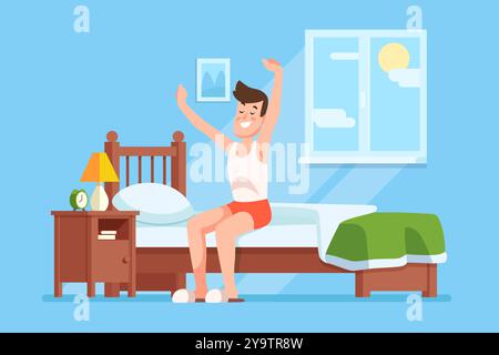 Ein junger Mann, der sich ausdehnt und an einem fröhlichen Morgen in einem hellen Schlafzimmer mit sonnigem Fenster aufwacht Stock Vektor