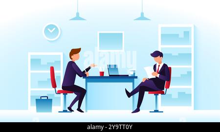 Zwei Geschäftsleute diskutieren während eines Meetings in einer modernen Büroumgebung mit einer hellen Ästhetik Stock Vektor