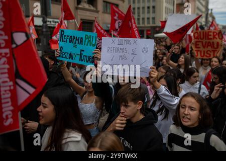 Madrid, Spanien. Oktober 2024. Die Demonstranten halten Fahnen und Plakate während der Demonstration. Die Studentenschaft hat im Rahmen des Studentenstreiks an rund 50 Standorten in Spanien Mobilisierungen einberufen, um auf die „Unsicherheit“ über das Format des neuen Zugangs zur Universität (PAU) zu reagieren. Die Studenten verurteilen den Mangel an Informationen über Prüfungen, die im Juni durchgeführt werden, deren Modell jedoch vom Bildungsministerium oder den Regionalräten noch nicht mitgeteilt wurde. Quelle: SOPA Images Limited/Alamy Live News Stockfoto