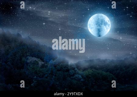 Mond und dunkler Sternenhimmel in der Silhouette des Waldes. Nebel steigt über dem Nachtwald auf. Halloween-Hintergrund Stockfoto