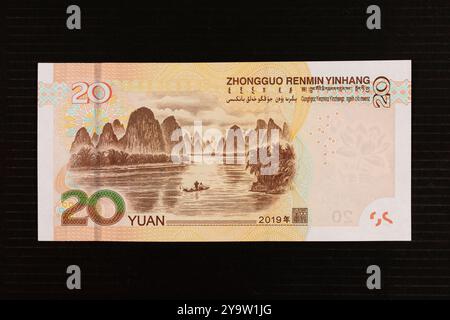 China 20 Yuan Banknote Rückseite mit Blick auf den Fluss Li. Stockfoto