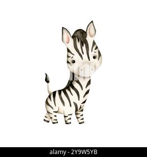 Handgezeichnete Safari Aquarellillustration mit Baby-Zebra für Kinder Stockfoto