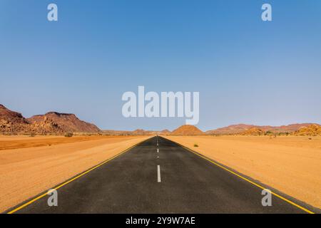 Fahrt auf einer neuen modernen Asphaltstraße in Damaraland, Straßenperspektive in der Wüste, Namibia, Afrika Stockfoto