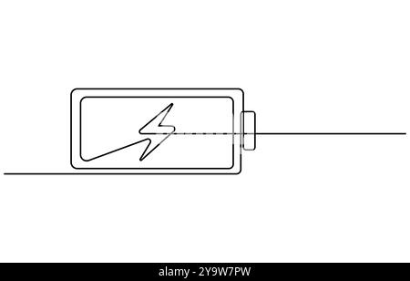 Eine durchgehende Zeilenzeichnung für das Laden der Batterie. Blitzsymbol und Typenschild für elektrische Energie in einfacher linearer Ausführung Stock Vektor
