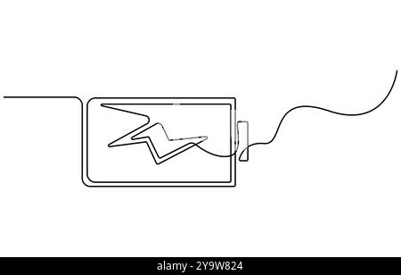 Eine durchgehende Zeilenzeichnung für das Laden der Batterie. Blitzsymbol und Typenschild für elektrische Energie in einfacher linearer Ausführung Stock Vektor