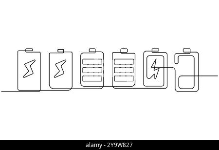Eine durchgehende Zeilenzeichnung für das Laden der Batterie. Blitzsymbol und Typenschild für elektrische Energie in einfacher linearer Ausführung Stock Vektor