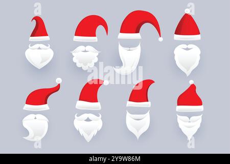 Set aus santa claus Mütze und Bart Ornamenten in verschiedenen Designs Stock Vektor
