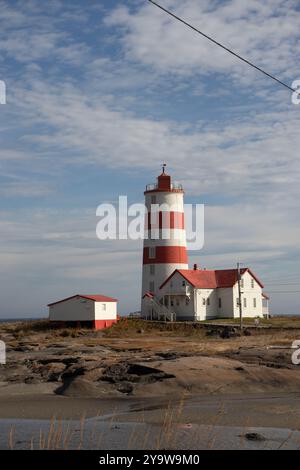 Ein rot-weiß gestreifter Leuchtturm steht hoch vor dem Hintergrund eines teilweise bewölkten Himmels und dient als maritimes Leuchtfeuer. Stockfoto