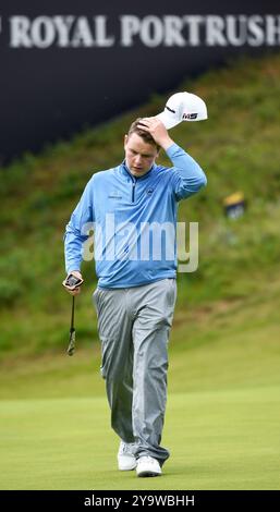 18. Juli 2019; Robert MacIntyre auf dem 18. Green während der ersten Runde des Open Championship Golfturniers im Royal Portrush Golf Club - Dunluce Course, Portrush, Nordirland. Stockfoto