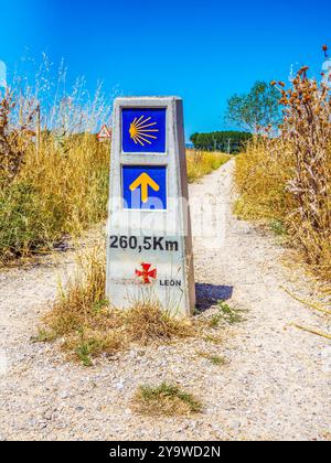 Ein Meilenstein für den Jakobsweg, der 260,5 km zurücklegt. Der Marker führt die Pilger durch eine trockene, ländliche Landschaft unter einem klaren blauen Himmel. Stockfoto