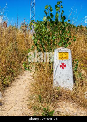 Berühmte gelbe Jakobsmuschel und Templerkreuz, Symbole des Jakobsweges, auf einem verwitterten Meilenstein in einer ländlichen Umgebung. Stockfoto