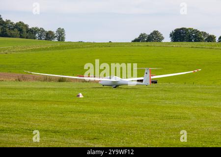 Ein weißer Segelflugzeug landet auf einer grünen Wiese mit hochgeklappten Laschen Stockfoto