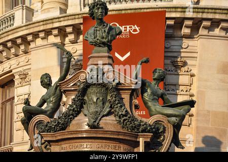 Denkmal für Charles Garnier, Architekt des Palais Garnier (auch als Pariser Oper bekannt) in Paris Stockfoto