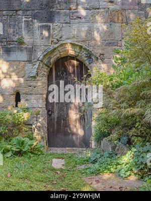 Eine alte kleine Holztür versteckt hinter einer Kirche. Sträucher befinden sich auf jeder Seite und die Tür ist in alte Mauerwerke eingefasst. Stockfoto