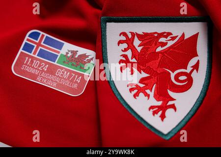 REYKJAVIK, Island. Oktober 2024. Details zum Trikot beim Spiel der UEFA Nations League 2025 zwischen Island und Wales im Laugardalsvöllur Stadium am 11. Oktober. (Bild von John Smith/FAW) Credit: Football Association of Wales/Alamy Live News Credit: Football Association of Wales/Alamy Live News Stockfoto