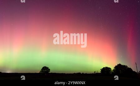 Rosa, gelbe und rote aurora tanzt über Litauen. Ein großer Sonnensturm. Nachthimmel unter einem geomagnetischen Sturm, der rosa wird. Nordlichter. 11 Stockfoto