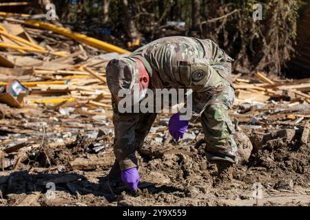 Erwin, Usa. Oktober 2024. Soldaten der US-Armee sammeln zusammen mit dem 45. Zivilen Unterstützungsteam Bodenproben, um nach dem Hurrikan Helene, 10. Oktober 2024, in Erwin, Tennessee, auf Kontamination durch Überschwemmungen zu prüfen. Quelle: Sgt. Everett Babbitt/US Army Photo/Alamy Live News Stockfoto