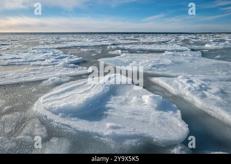 Gefrorene Nördliche Meereslandschaft mit Spalteis auf der Meerwasseroberfläche in fraktalen Mustern in den ersten Wintermonaten Stockfoto