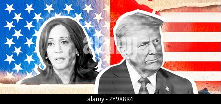 Fotocollage mit Halbtoneffekt. Foto-Illustration Porträt von Donald Trump und Kamala Harris vor dem Hintergrund der amerikanischen Flagge. Stockfoto