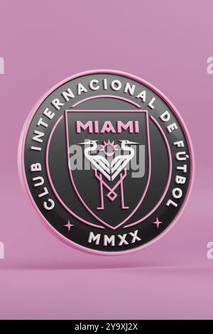 Buenos Aires, Argentinien - 25. September 2024: Emblem der Miami International Fussballmannschaft in drei Dimensionen isoliert auf rosa Hintergrund. 3D illu Stockfoto