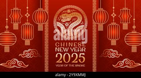 Ein lebendiges und festliches Dekorationsdesign für das kommende chinesische Neujahr 2025, das traditionelle Symbole hervorhebt Stock Vektor