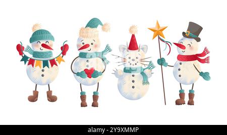 Ein bezauberndes Set von Weihnachtsschneemännern mit Schals und Hüten, verziert mit verschiedenen Dekorationen wie Girlanden, Sternen und Herzen, alle in A dargestellt Stock Vektor