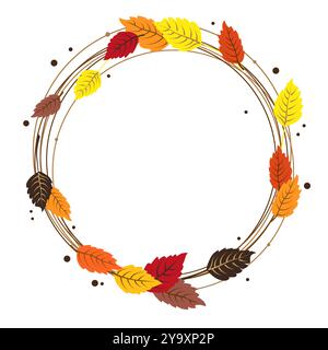 Vektorisolierter Rundrahmen aus gelben trockenen Erlen-Herbstblättern. Rahmen für Text und Schrift. Isolierte flache Illustration mit braunen Pflanzen für Design, Stock Vektor