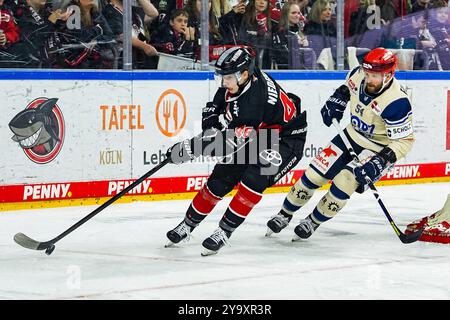 Deutschland. Oktober 2024. Eishockey Penny-DEL 8.Spieltag Koelner Haie - Schwenninger Wild Wings am 11.10.2024 in der Lanxess Arena in Köln Kevin Niedenz ( Köln ), links - Benjamin Marshall ( Schwenningen ), rechts Gemaess den Vorgaben der DEL Deutsche Eishockey Liga ist die Publikation und Weiterverwertung der Aufnahmen in elektronischen Medien und Endgeraeten aller Art waehrend des laufenden Spiele nicht zulaessig. Foto: Revierfoto Credit: ddp Media GmbH/Alamy Live News Stockfoto