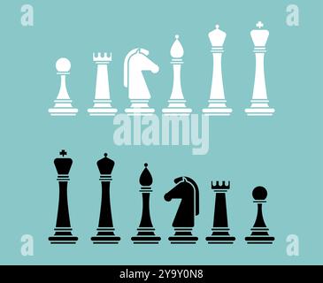 Schachset. Bauern- und Turmschachteile. Symbol Pferd und Bischof. Icon King und Queen Stock Vektor