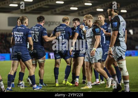 Will Addison von Sale Sharks feiert seinen Versuch während des Gallagher Premiership Matches Sale Sharks vs Newcastle Falcons im Salford Community Stadium, Eccles, Vereinigtes Königreich, 11. Oktober 2024 (Foto: Alfie Cosgrove/News Images) Stockfoto