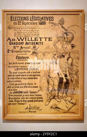 Frankreich, Paris, das MahJ (Museum für jüdische Kunst und Geschichte), Poster für die Parlamentswahlen vom 22. September 1889, Willette, Adolphe Leon (Chalons sur Marne, 1857-Paris, 1926), antisemitischer Kandidat Stockfoto