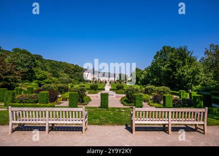 Frankreich, Somme, Argoules, Les jardins de Valloires, die Jardins de Valloires befinden sich im Authie-Tal am Fuße einer majestätischen Zisterzienserabtei und sind das Werk des Landschaftsgärtners Gilles Clément. Die Jardins de Valloires, die als bemerkenswerter Garten gelistet sind, sind eine Schatzgrube mit über 5.000 Arten, die auf 8 Hektar verteilt sind. Es gibt nicht nur einen, sondern fünf stimmungsvolle Gärten, die Sie besuchen können, wenn sich die Jahreszeiten ändern (aus der Vogelperspektive) Stockfoto