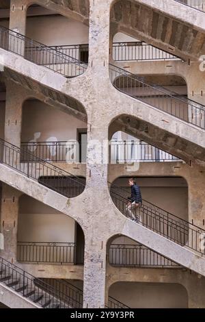 Frankreich, Rhone, Lyon, historische Stätte, die von der UNESCO zum Weltkulturerbe erklärt wurde, Croix-Rousse-Hänge-Viertel, Traboules des alten Lyon, der Cour des Voraces, auch Maison de la Republique genannt, ein Denkmal, das nach der Revolte der Canuts (Seidenarbeiter) 1848 berühmt wurde, mit seiner monumentalen sechsstöckigen Fassadentreppe, Sozialwohnungen seit 1995 Stockfoto