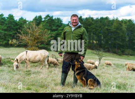 PRODUKTION - 11. Oktober 2024, Hessen, Hünfeld: Oliver Spies, Hirte, steht vor der Herde mit Biene (5), einem alten deutschen Hirtenhund. Rund 500 Schafe, 25 Ziegen und 2 Esel weiden im Naturschutzgebiet Hünfelder Weinberg (Rhön). Die Schäferei mit Herz, die von der Familie Spione aus Leimbach (Osthessen/Marktstadt Eiterfeld) betrieben wird, nutzt zwei Esel als Herdenschutztiere zum Schutz der Herde. Foto: Andreas Arnold/dpa Stockfoto